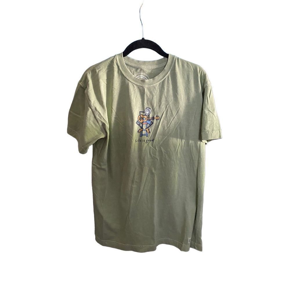 Life is good men’s playing guitar, green short sleeve shirt, size small
